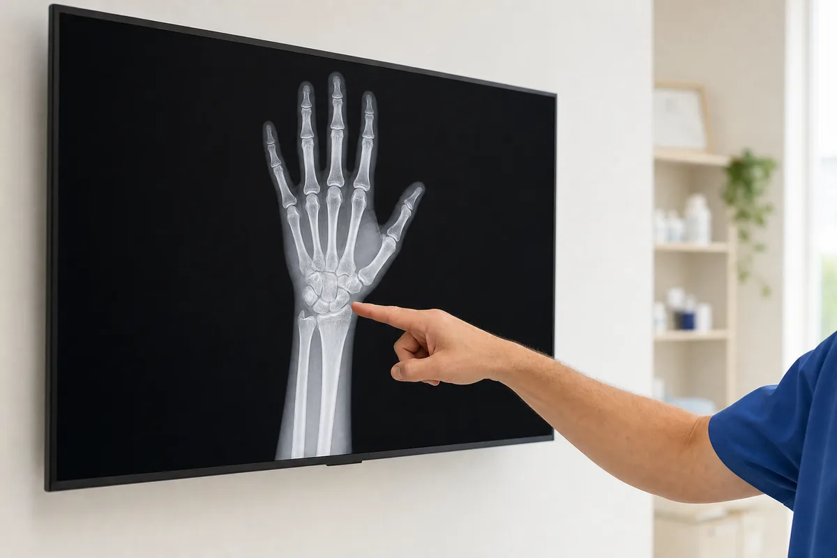 A digital X-ray of a hand and wrist displayed on a clinical monitor