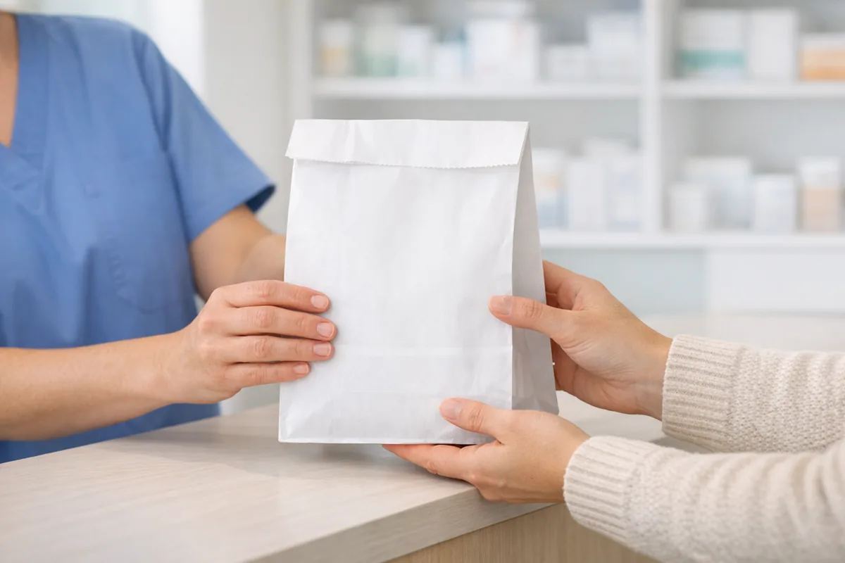 A prescription being handed across a pharmacy counter